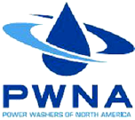 A blue and white logo of power washers of north america.