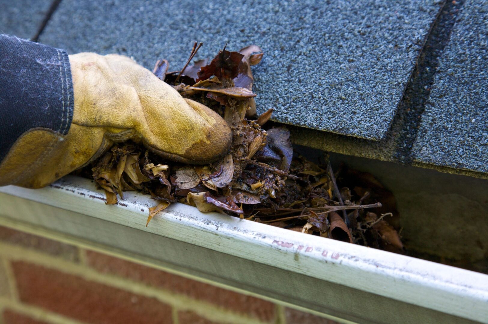 A person is cleaning leaves out of the gutter.