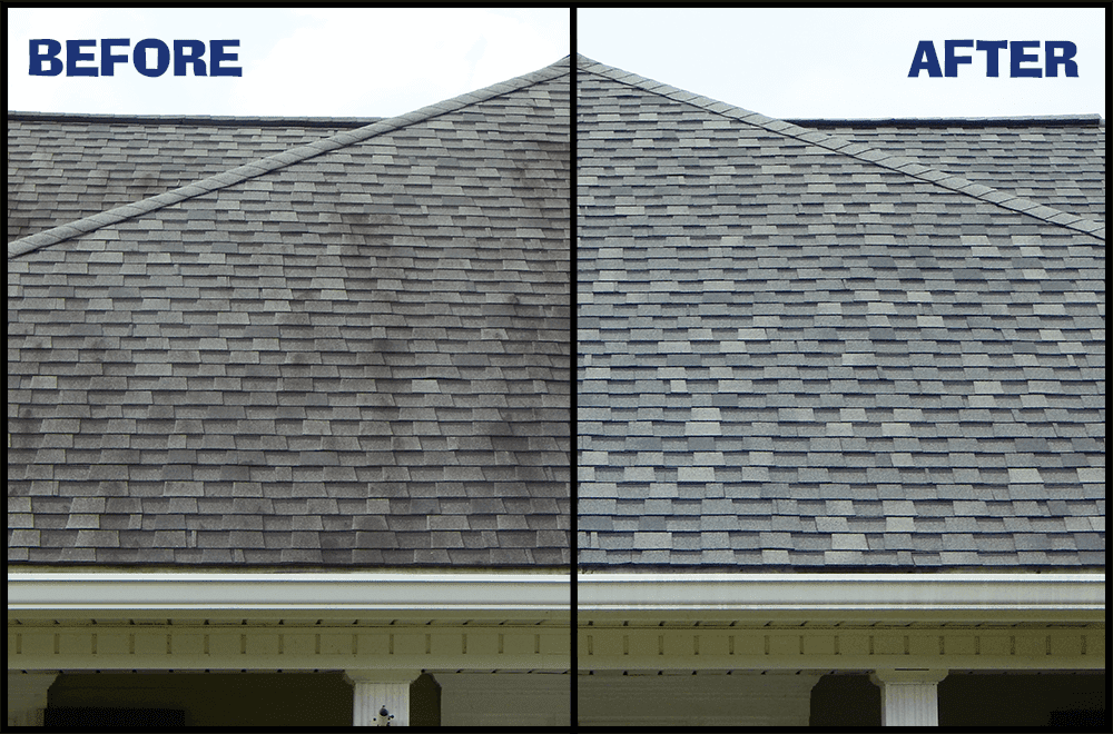 Collage image of before and after cleaning of a house roof